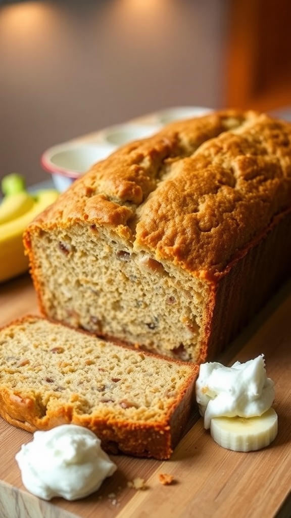 A sliced loaf of moist banana bread with banana slices and sour cream on a wooden board.